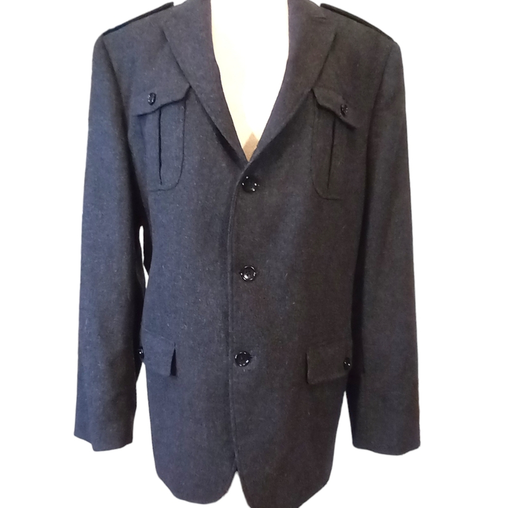Grey Wool Blend Jacket w Military Accents 44Reg